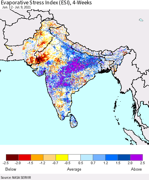 Southern Asia Evaporative Stress Index (ESI), 4-Weeks Thematic Map For 7/5/2021 - 7/11/2021