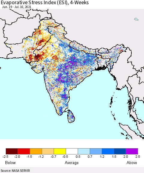 Southern Asia Evaporative Stress Index (ESI), 4-Weeks Thematic Map For 7/12/2021 - 7/18/2021