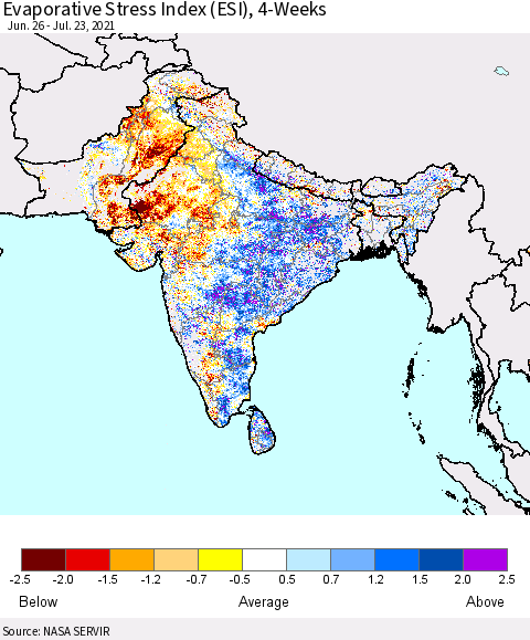 Southern Asia Evaporative Stress Index (ESI), 4-Weeks Thematic Map For 7/19/2021 - 7/25/2021