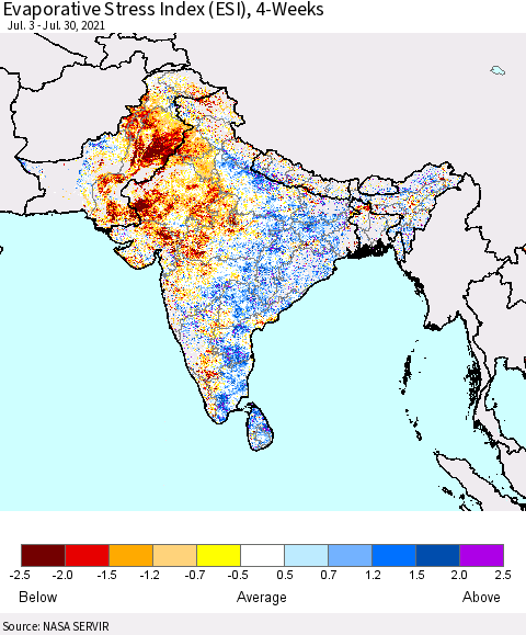 Southern Asia Evaporative Stress Index (ESI), 4-Weeks Thematic Map For 7/26/2021 - 8/1/2021