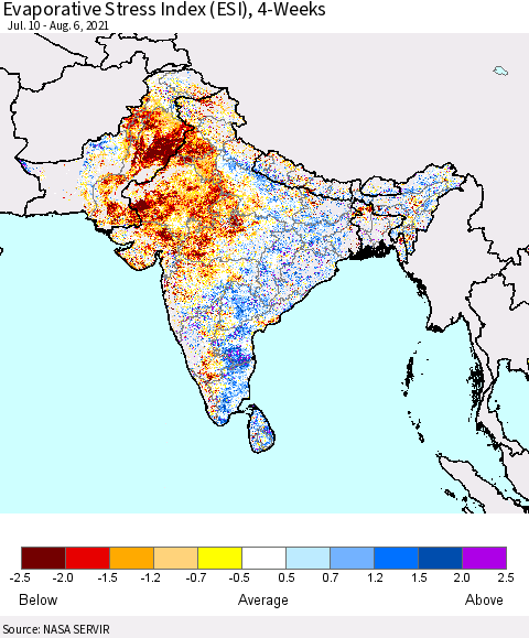 Southern Asia Evaporative Stress Index (ESI), 4-Weeks Thematic Map For 8/2/2021 - 8/8/2021