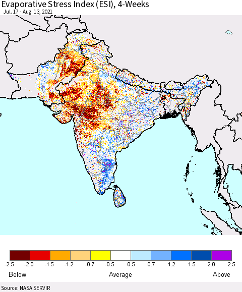 Southern Asia Evaporative Stress Index (ESI), 4-Weeks Thematic Map For 8/9/2021 - 8/15/2021
