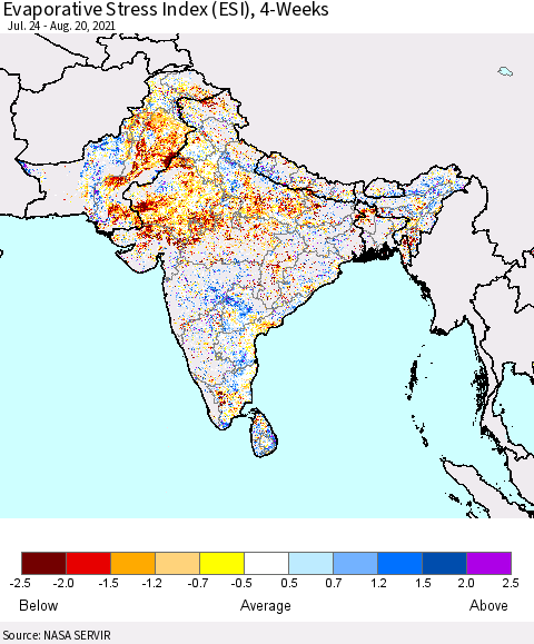 Southern Asia Evaporative Stress Index (ESI), 4-Weeks Thematic Map For 8/16/2021 - 8/22/2021