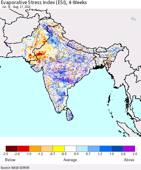 Southern Asia Evaporative Stress Index (ESI), 4-Weeks Thematic Map For 8/23/2021 - 8/29/2021