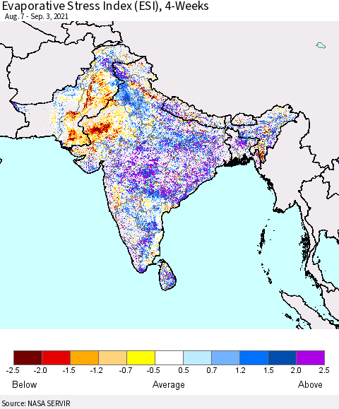 Southern Asia Evaporative Stress Index (ESI), 4-Weeks Thematic Map For 8/30/2021 - 9/5/2021