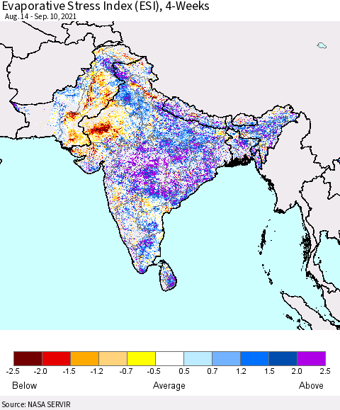 Southern Asia Evaporative Stress Index (ESI), 4-Weeks Thematic Map For 9/6/2021 - 9/12/2021