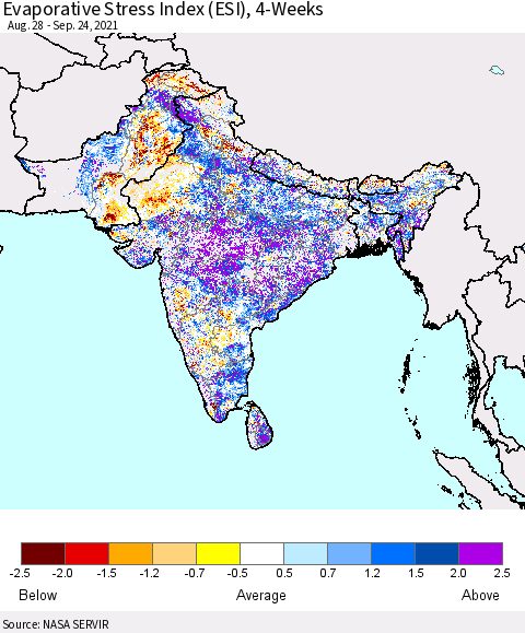 Southern Asia Evaporative Stress Index (ESI), 4-Weeks Thematic Map For 9/20/2021 - 9/26/2021