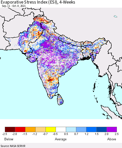 Southern Asia Evaporative Stress Index (ESI), 4-Weeks Thematic Map For 10/4/2021 - 10/10/2021
