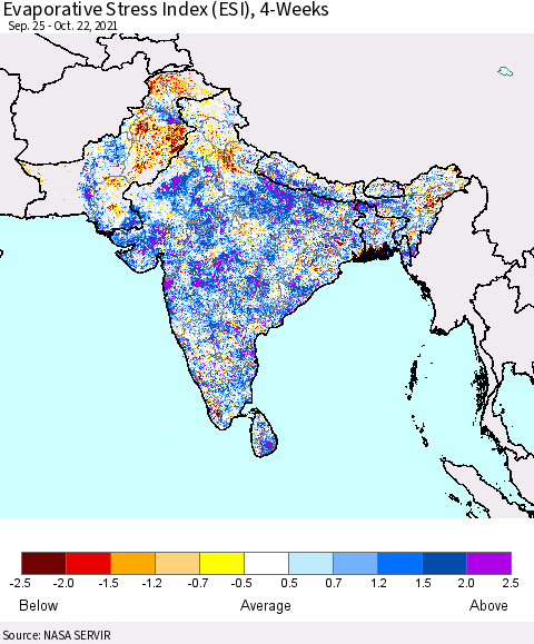 Southern Asia Evaporative Stress Index 4-Weeks (ESI) Thematic Map For 10/18/2021 - 10/24/2021