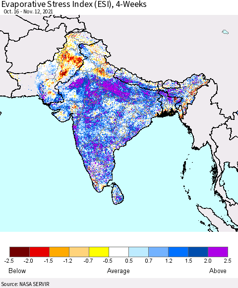 Southern Asia Evaporative Stress Index (ESI), 4-Weeks Thematic Map For 11/8/2021 - 11/14/2021