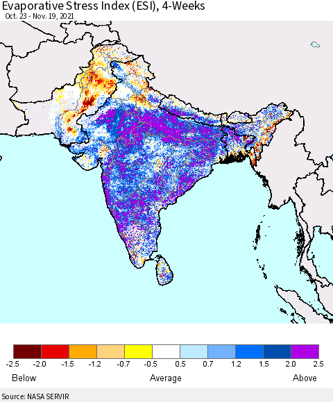 Southern Asia Evaporative Stress Index 4-Weeks (ESI) Thematic Map For 11/15/2021 - 11/21/2021