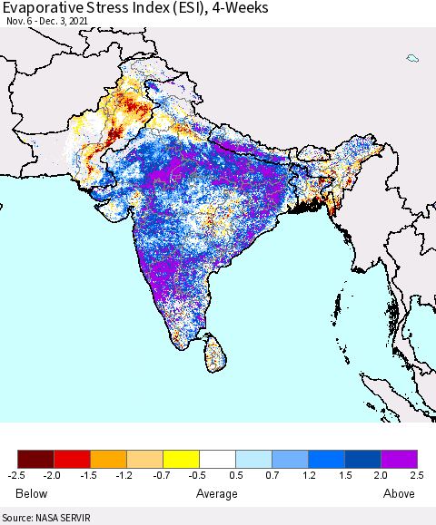 Southern Asia Evaporative Stress Index (ESI), 4-Weeks Thematic Map For 11/29/2021 - 12/5/2021