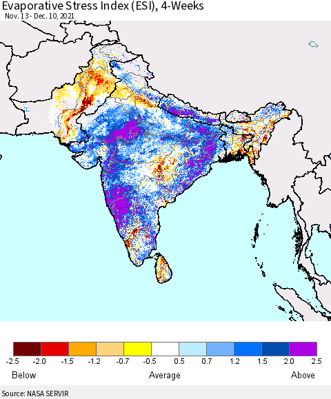 Southern Asia Evaporative Stress Index (ESI), 4-Weeks Thematic Map For 12/6/2021 - 12/12/2021