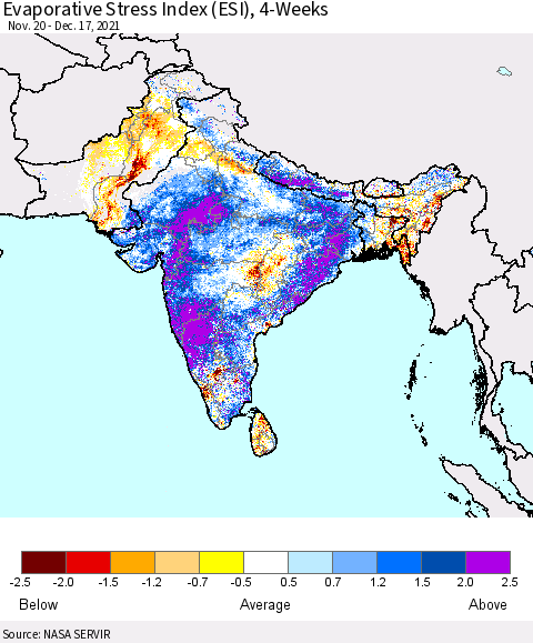 Southern Asia Evaporative Stress Index (ESI), 4-Weeks Thematic Map For 12/13/2021 - 12/19/2021