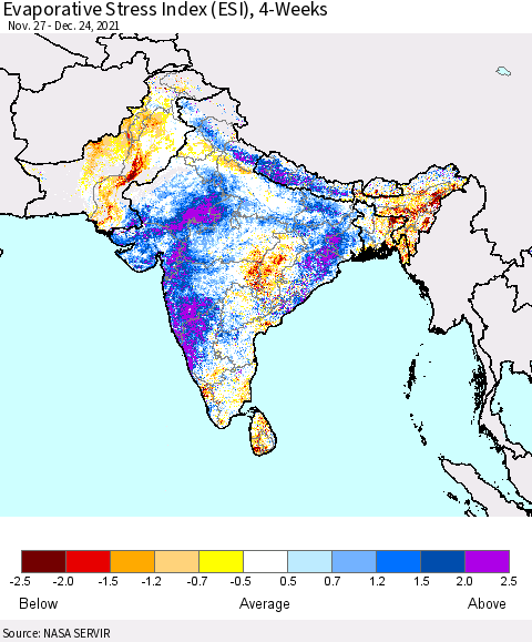 Southern Asia Evaporative Stress Index (ESI), 4-Weeks Thematic Map For 12/20/2021 - 12/26/2021