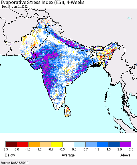 Southern Asia Evaporative Stress Index (ESI), 4-Weeks Thematic Map For 12/27/2021 - 1/2/2022