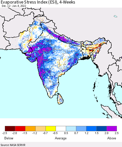 Southern Asia Evaporative Stress Index (ESI), 4-Weeks Thematic Map For 1/3/2022 - 1/9/2022