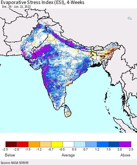 Southern Asia Evaporative Stress Index (ESI), 4-Weeks Thematic Map For 1/17/2022 - 1/23/2022