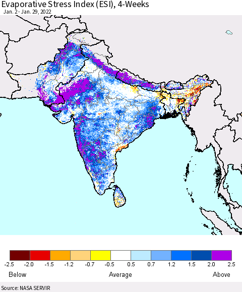 Southern Asia Evaporative Stress Index (ESI), 4-Weeks Thematic Map For 1/24/2022 - 1/30/2022