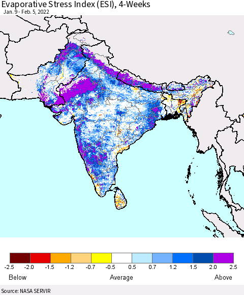 Southern Asia Evaporative Stress Index (ESI), 4-Weeks Thematic Map For 1/31/2022 - 2/6/2022