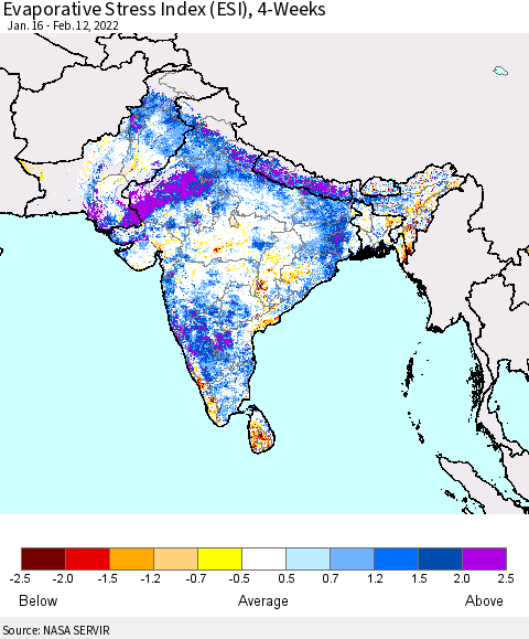 Southern Asia Evaporative Stress Index (ESI), 4-Weeks Thematic Map For 2/7/2022 - 2/13/2022
