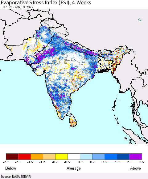 Southern Asia Evaporative Stress Index (ESI), 4-Weeks Thematic Map For 2/14/2022 - 2/20/2022