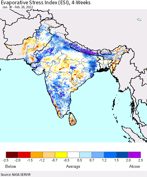 Southern Asia Evaporative Stress Index (ESI), 4-Weeks Thematic Map For 2/21/2022 - 2/27/2022