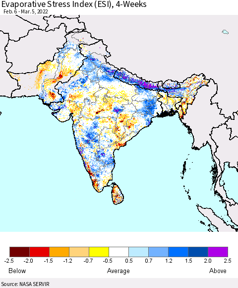 Southern Asia Evaporative Stress Index (ESI), 4-Weeks Thematic Map For 2/28/2022 - 3/6/2022