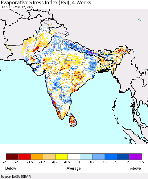 Southern Asia Evaporative Stress Index (ESI), 4-Weeks Thematic Map For 3/7/2022 - 3/13/2022