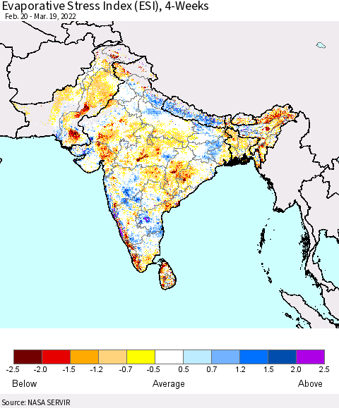 Southern Asia Evaporative Stress Index (ESI), 4-Weeks Thematic Map For 3/14/2022 - 3/20/2022