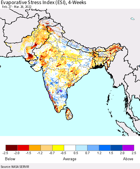 Southern Asia Evaporative Stress Index (ESI), 4-Weeks Thematic Map For 3/21/2022 - 3/27/2022