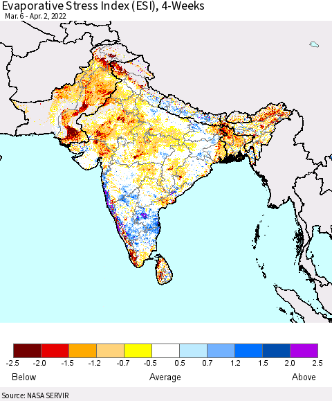 Southern Asia Evaporative Stress Index (ESI), 4-Weeks Thematic Map For 3/28/2022 - 4/3/2022