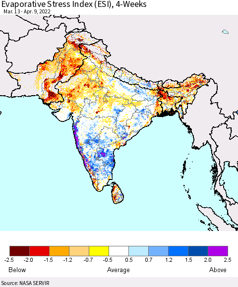 Southern Asia Evaporative Stress Index (ESI), 4-Weeks Thematic Map For 4/4/2022 - 4/10/2022