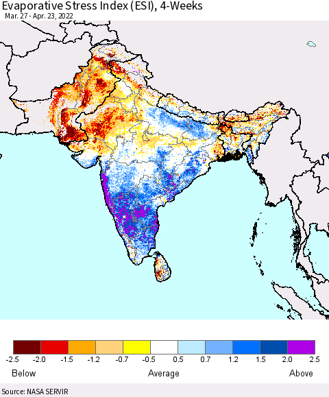 Southern Asia Evaporative Stress Index (ESI), 4-Weeks Thematic Map For 4/18/2022 - 4/24/2022