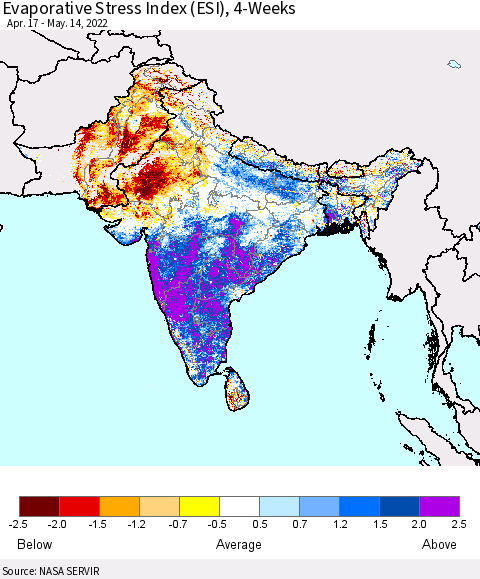 Southern Asia Evaporative Stress Index (ESI), 4-Weeks Thematic Map For 5/9/2022 - 5/15/2022