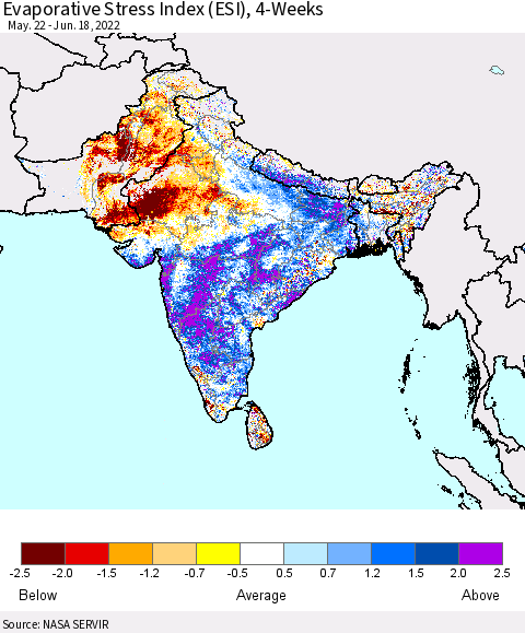 Southern Asia Evaporative Stress Index (ESI), 4-Weeks Thematic Map For 6/13/2022 - 6/19/2022