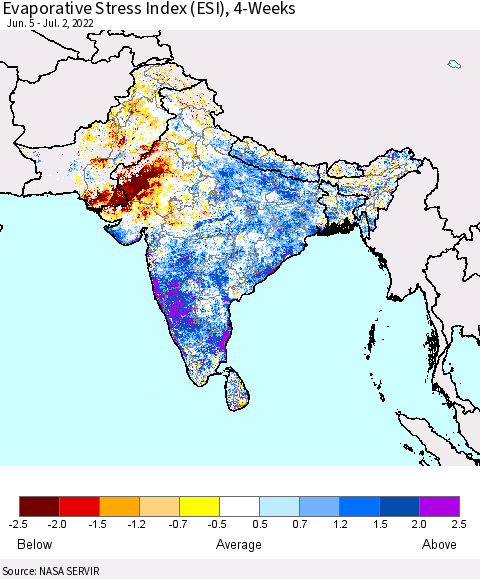 Southern Asia Evaporative Stress Index (ESI), 4-Weeks Thematic Map For 6/27/2022 - 7/3/2022
