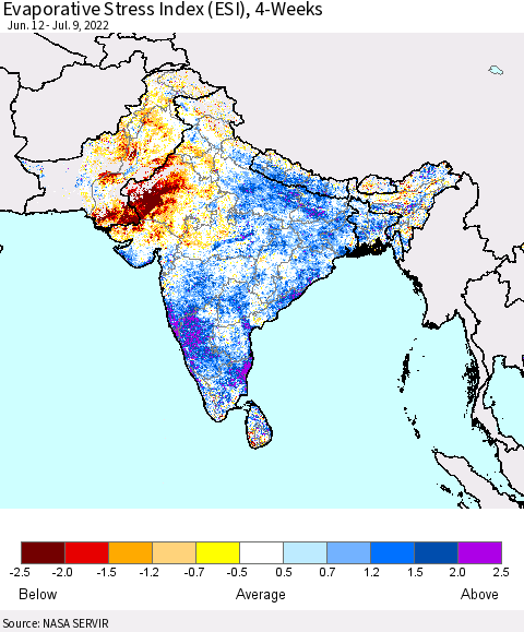 Southern Asia Evaporative Stress Index (ESI), 4-Weeks Thematic Map For 7/4/2022 - 7/10/2022