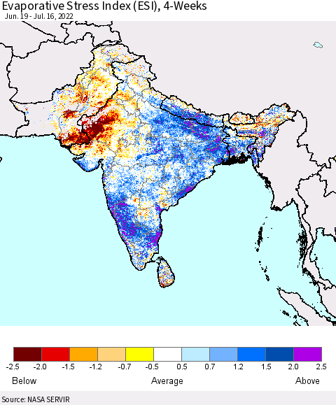 Southern Asia Evaporative Stress Index (ESI), 4-Weeks Thematic Map For 7/11/2022 - 7/17/2022