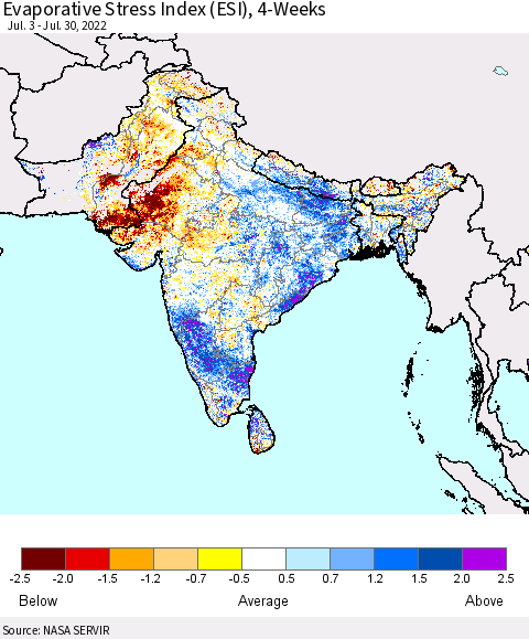 Southern Asia Evaporative Stress Index (ESI), 4-Weeks Thematic Map For 7/25/2022 - 7/31/2022