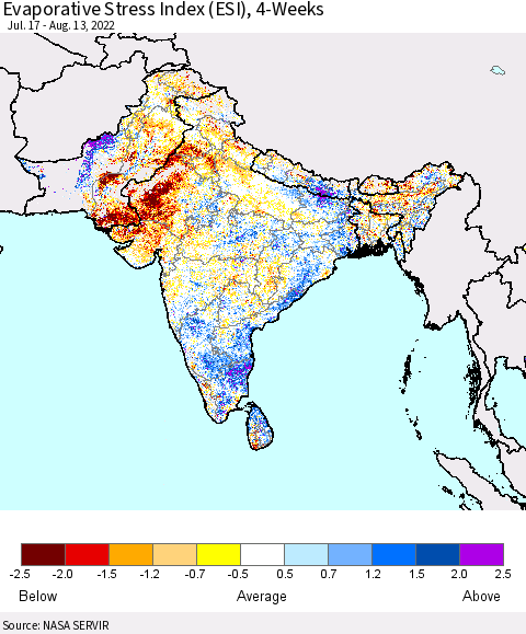 Southern Asia Evaporative Stress Index (ESI), 4-Weeks Thematic Map For 8/8/2022 - 8/14/2022