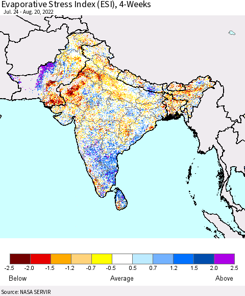 Southern Asia Evaporative Stress Index (ESI), 4-Weeks Thematic Map For 8/15/2022 - 8/21/2022
