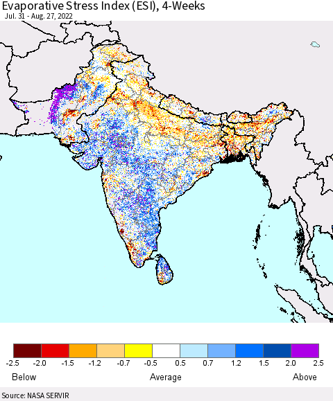 Southern Asia Evaporative Stress Index (ESI), 4-Weeks Thematic Map For 8/22/2022 - 8/28/2022