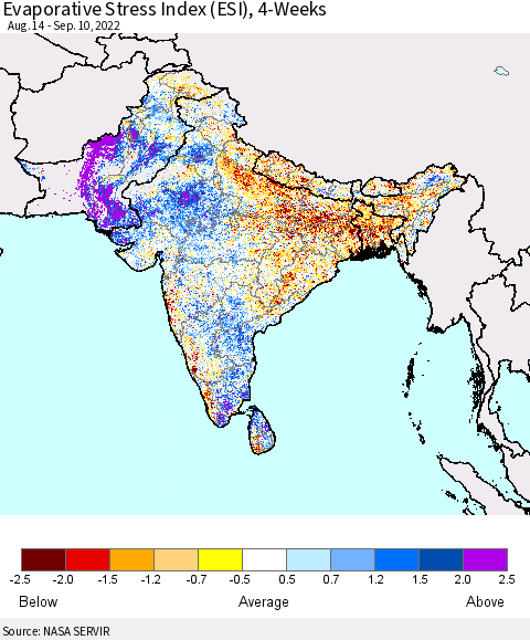 Southern Asia Evaporative Stress Index (ESI), 4-Weeks Thematic Map For 9/5/2022 - 9/11/2022