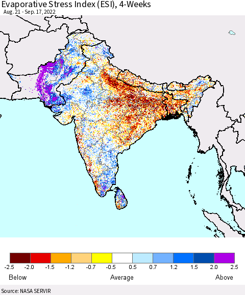 Southern Asia Evaporative Stress Index (ESI), 4-Weeks Thematic Map For 9/12/2022 - 9/18/2022