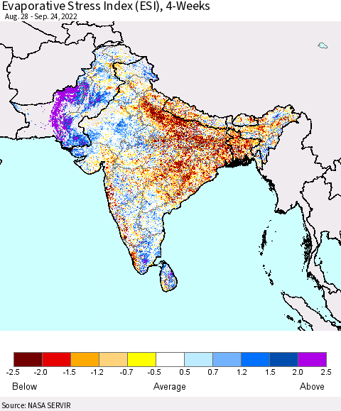 Southern Asia Evaporative Stress Index (ESI), 4-Weeks Thematic Map For 9/19/2022 - 9/25/2022