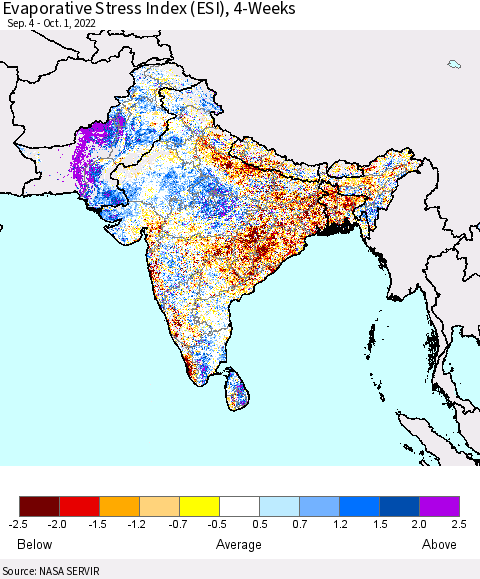 Southern Asia Evaporative Stress Index (ESI), 4-Weeks Thematic Map For 9/26/2022 - 10/2/2022
