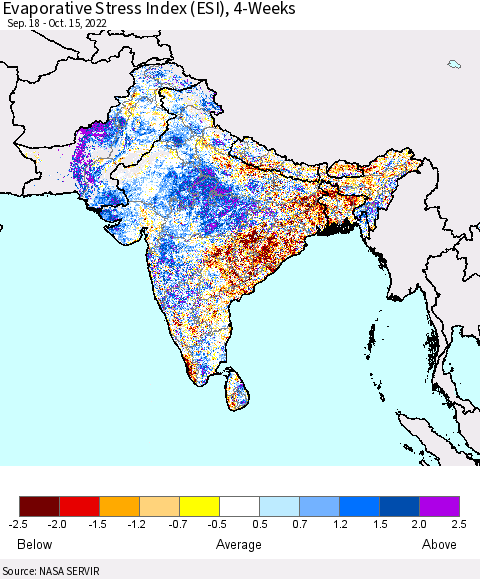 Southern Asia Evaporative Stress Index (ESI), 4-Weeks Thematic Map For 10/10/2022 - 10/16/2022