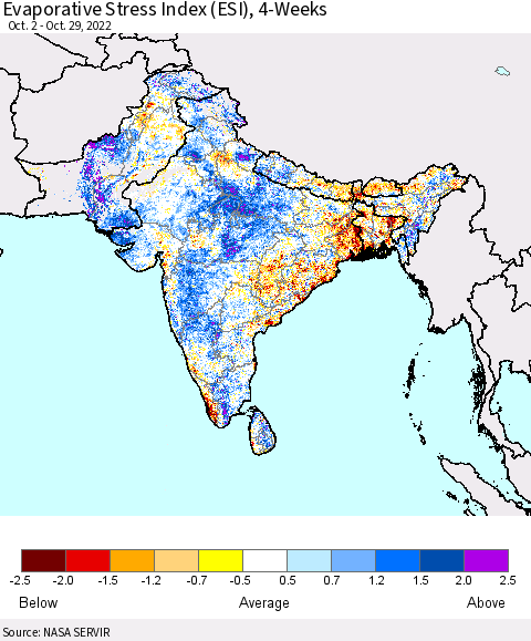 Southern Asia Evaporative Stress Index (ESI), 4-Weeks Thematic Map For 10/24/2022 - 10/30/2022