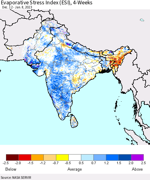 Southern Asia Evaporative Stress Index (ESI), 4-Weeks Thematic Map For 1/2/2023 - 1/8/2023